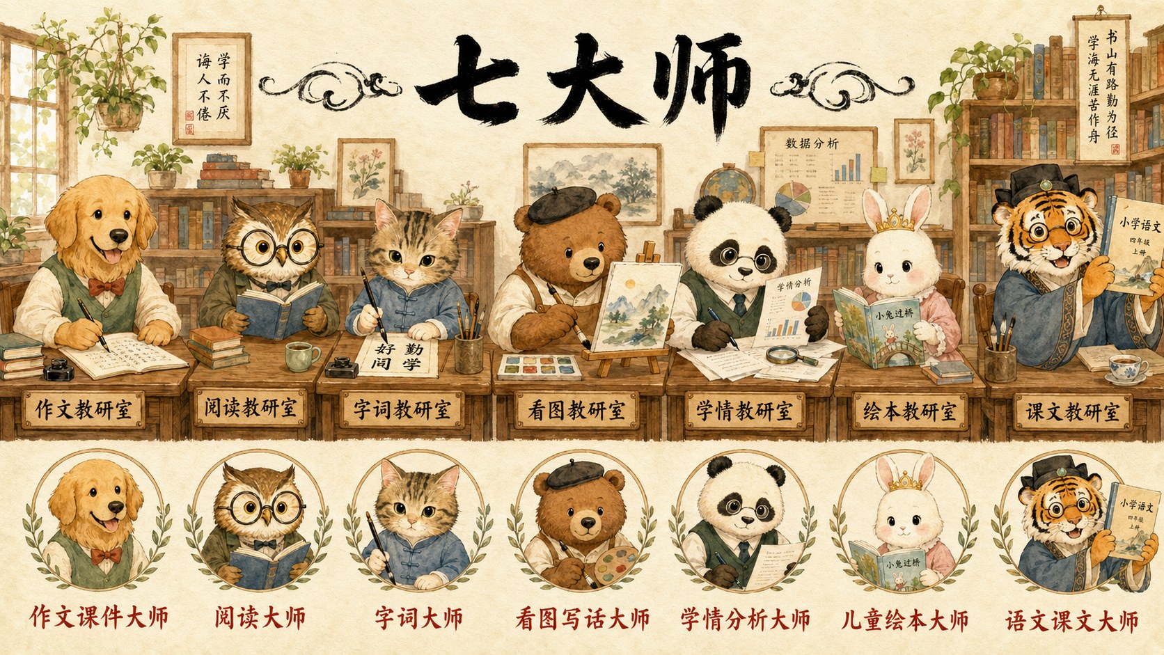 七大师 · 狗 / 猫头鹰 / 猫 / 熊 / 熊猫 / 兔 / 虎
